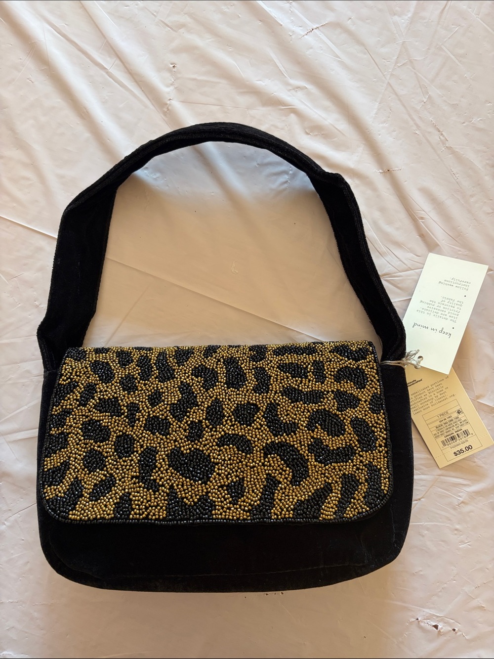 a new day Black Shoulder Bag with Gold Beaded Leopard Flap